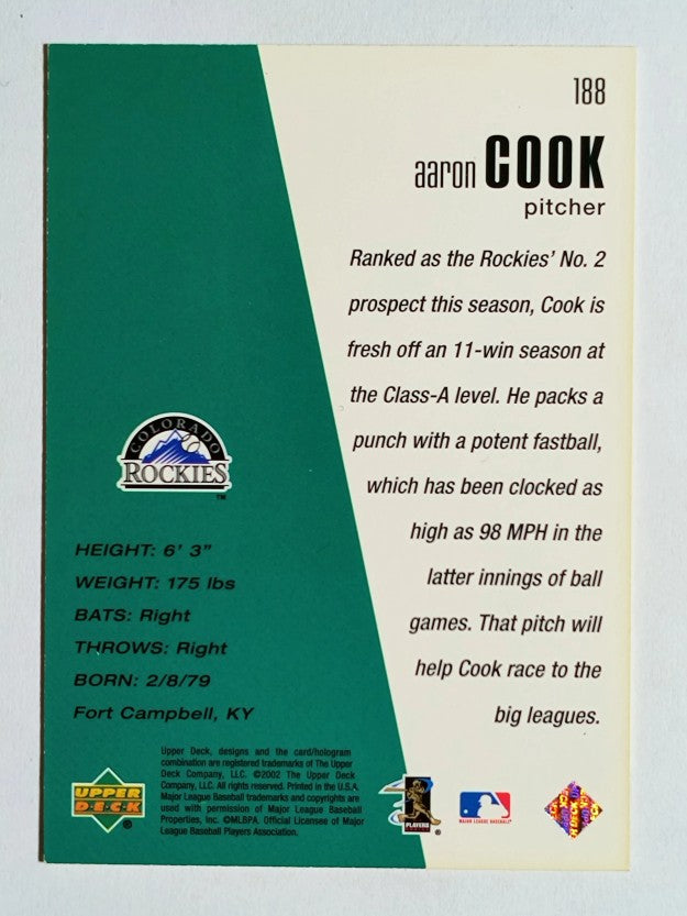 2002 Upper Deck Diamond Connection #188 Aaron Cook DC RC (NM)