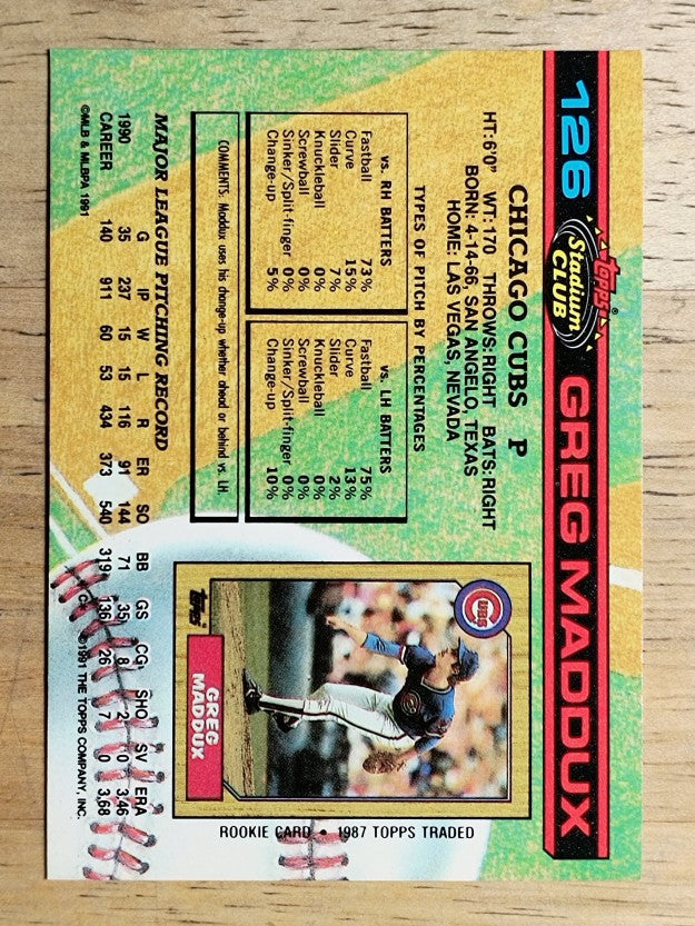 1991 Stadium Club #126 Greg Maddux