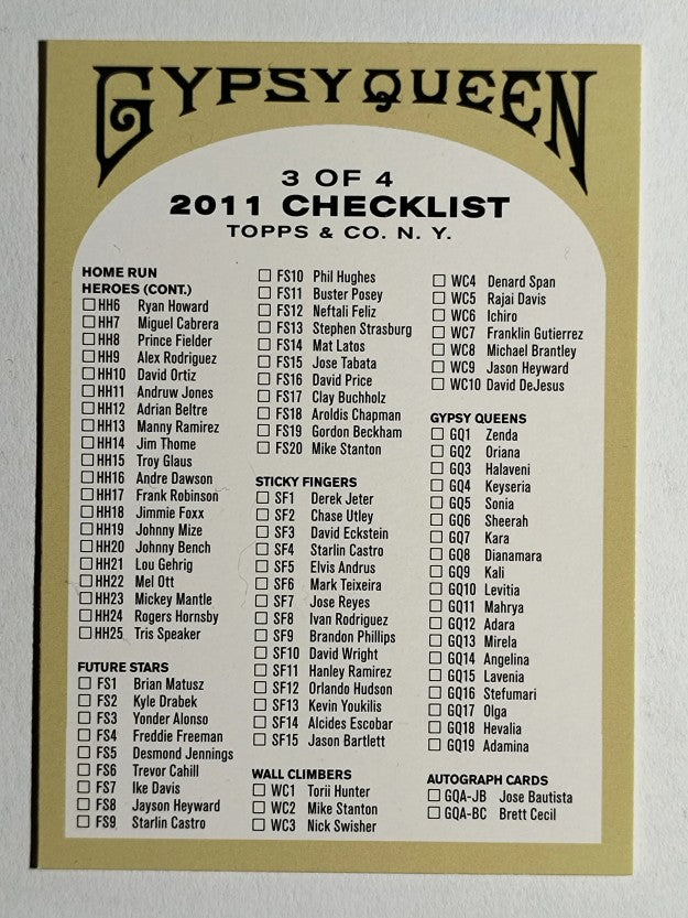 2011 Topps Gypsy Queen Checklists #3 Inserts