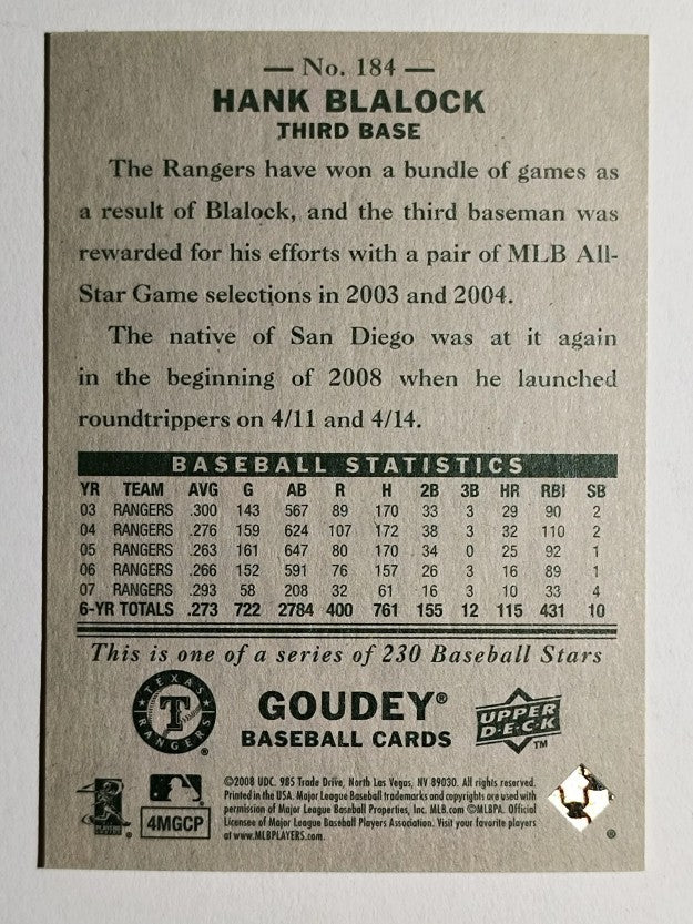 2008 Upper Deck Goudey #184 Hank Blalock