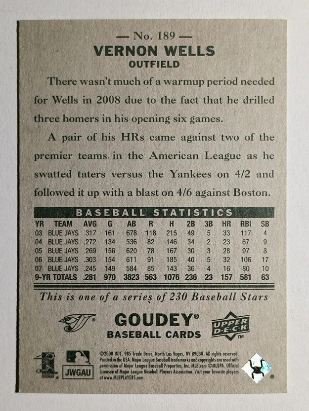 2008 Upper Deck Goudey #189 Vernon Wells