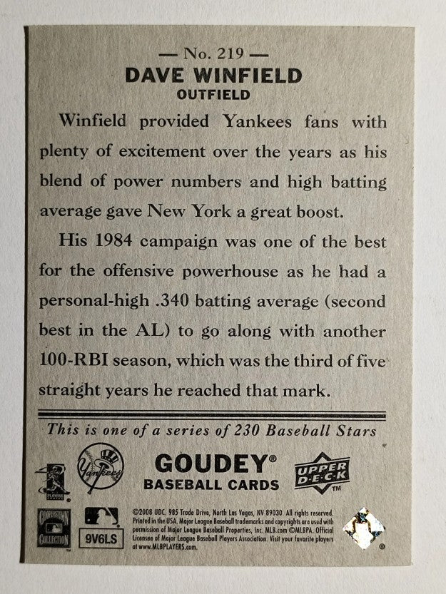 2008 Upper Deck Goudey #219 Dave Winfield SP