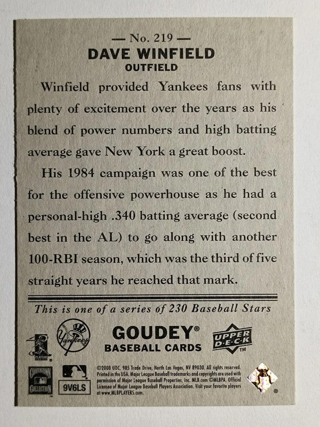 2008 Upper Deck Goudey #219 Dave Winfield SP