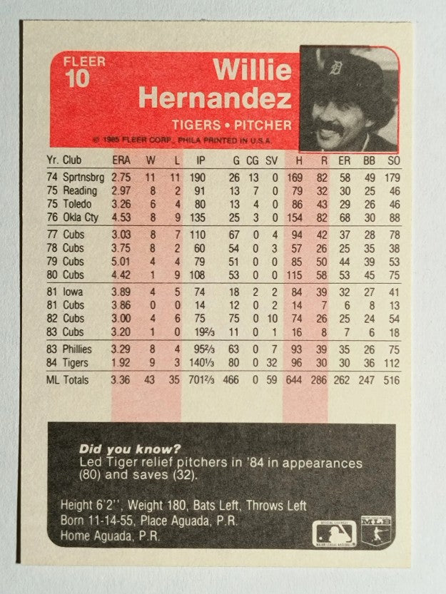 1985 Fleer #10 Willie Hernandez