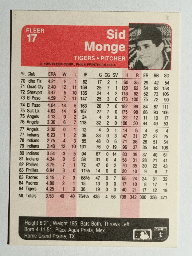 1985 Fleer #17 Sid Monge