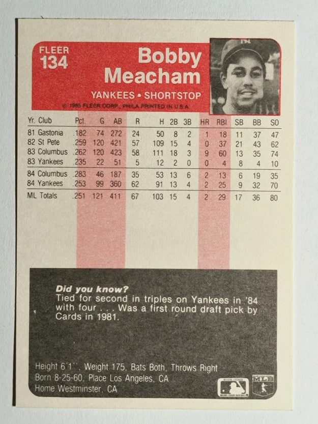 1985 Fleer #134 Bobby Meacham