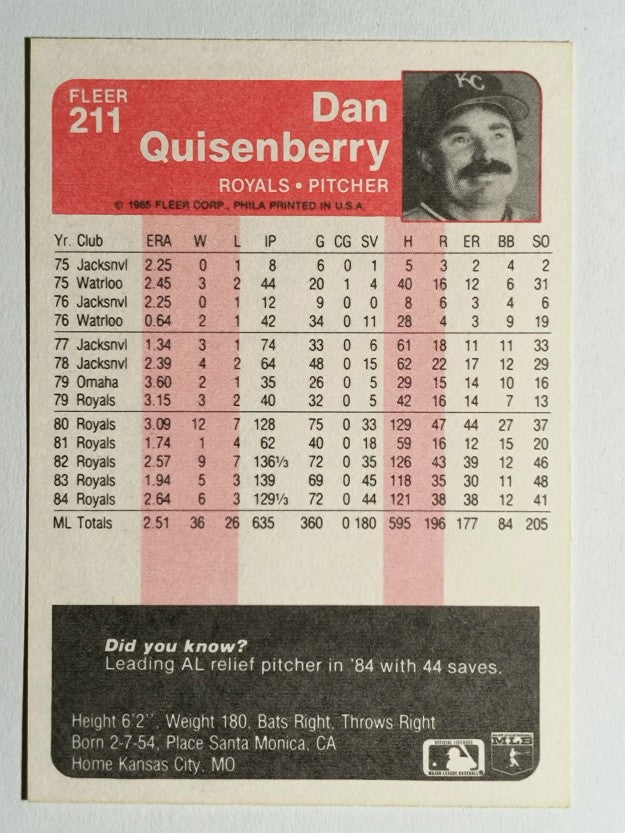1985 Fleer #211 Dan Quisenberry