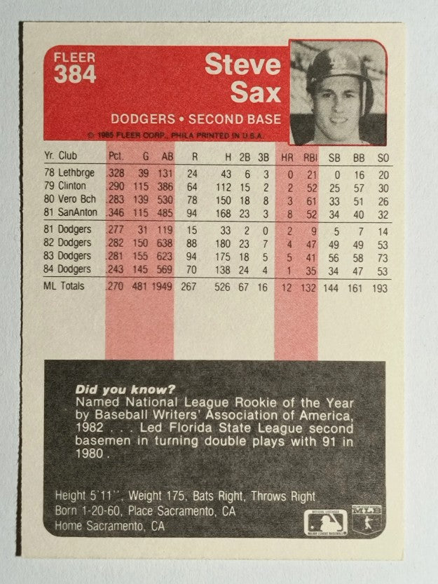 1985 Fleer #384 Steve Sax