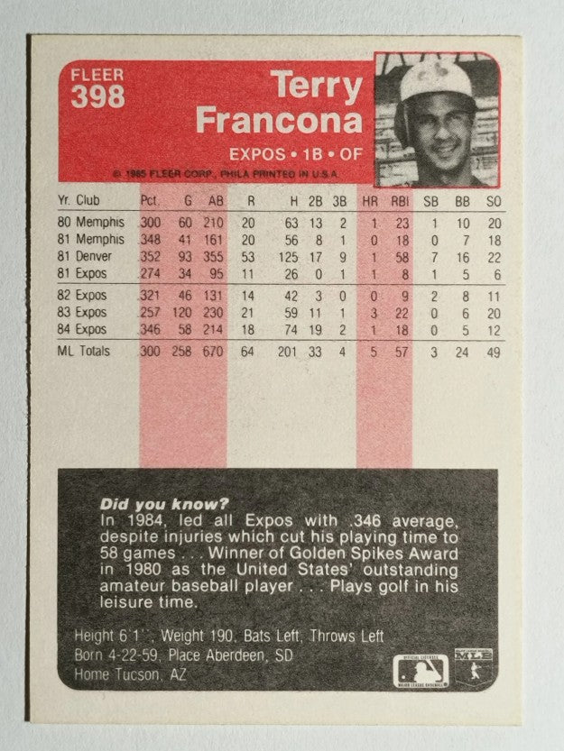 1985 Fleer #398 Terry Francona