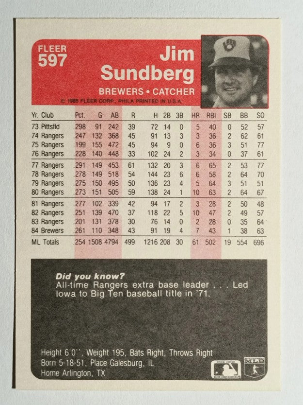 1985 Fleer #597 Jim Sundberg