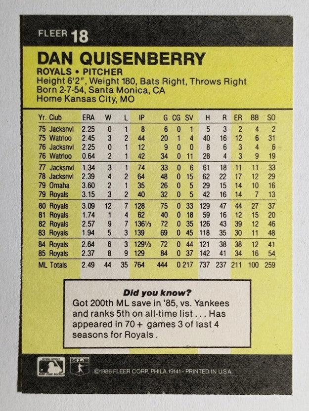 1986 Fleer #18 Dan Quisenberry