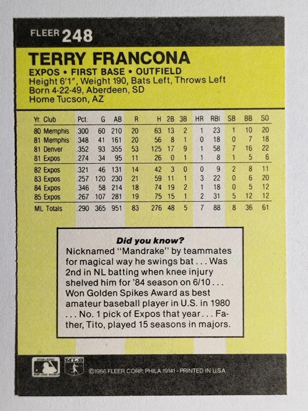1986 Fleer #248 Terry Francona