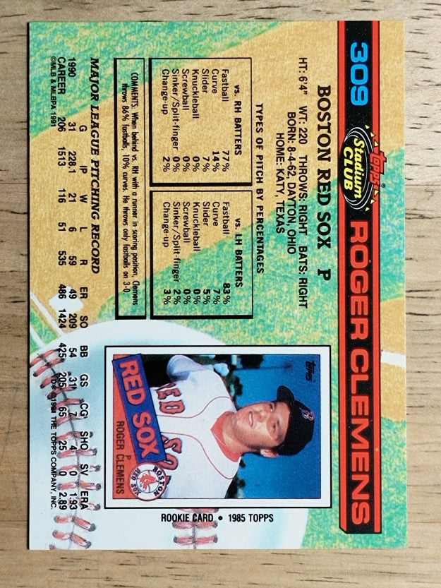 1991 Stadium Club #309 Roger Clemens