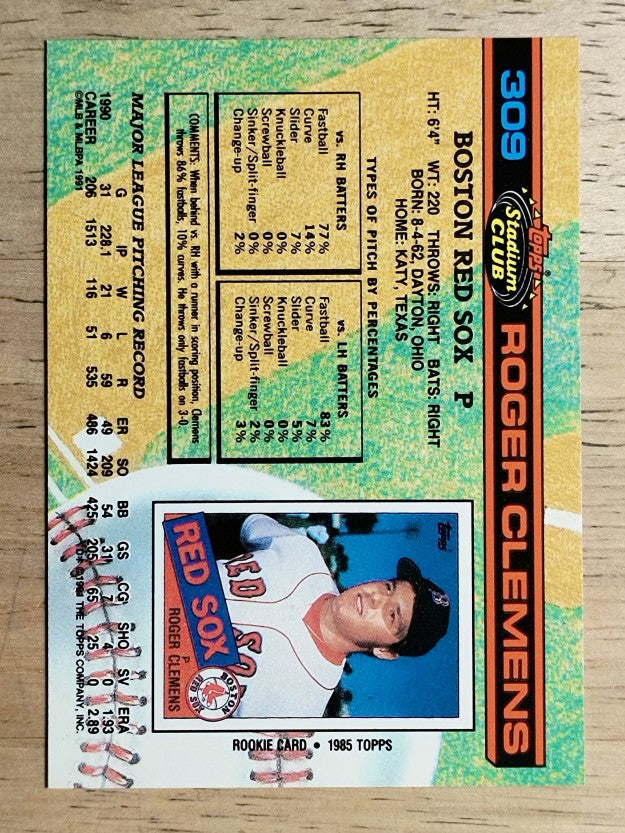 1991 Stadium Club #309 Roger Clemens