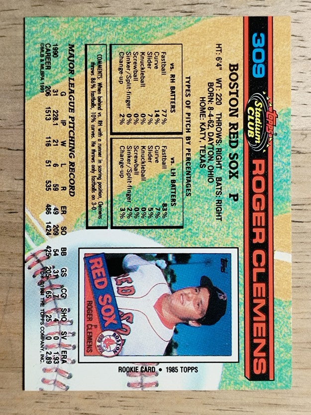 1991 Stadium Club #309 Roger Clemens