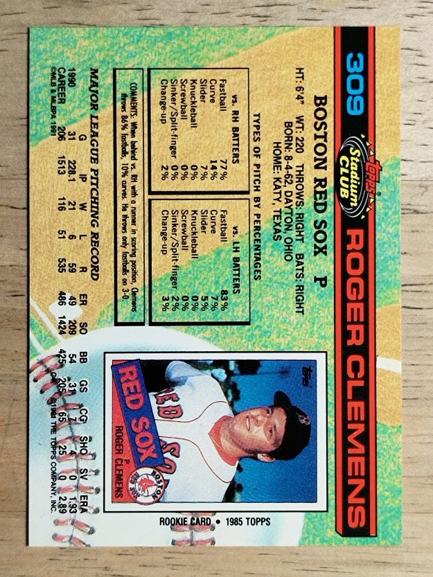 1991 Stadium Club #309 Roger Clemens