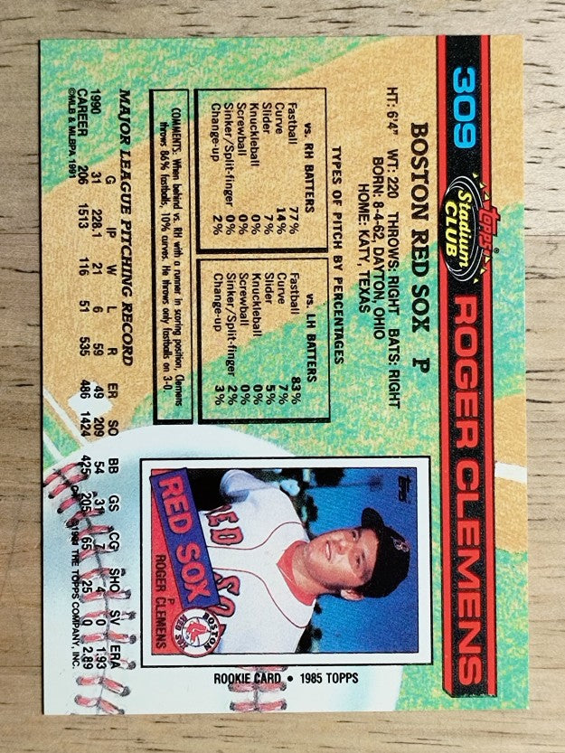 1991 Stadium Club #309 Roger Clemens