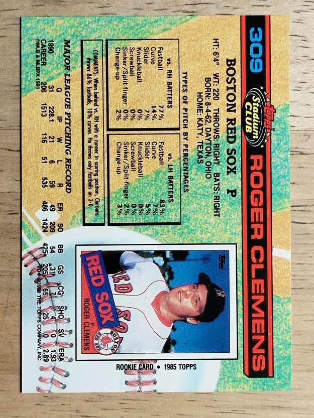 1991 Stadium Club #309 Roger Clemens