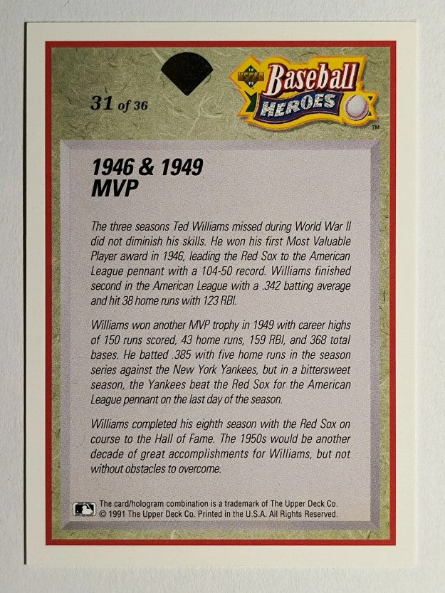 1992 Upper Deck Williams Heroes #31 Ted Williams