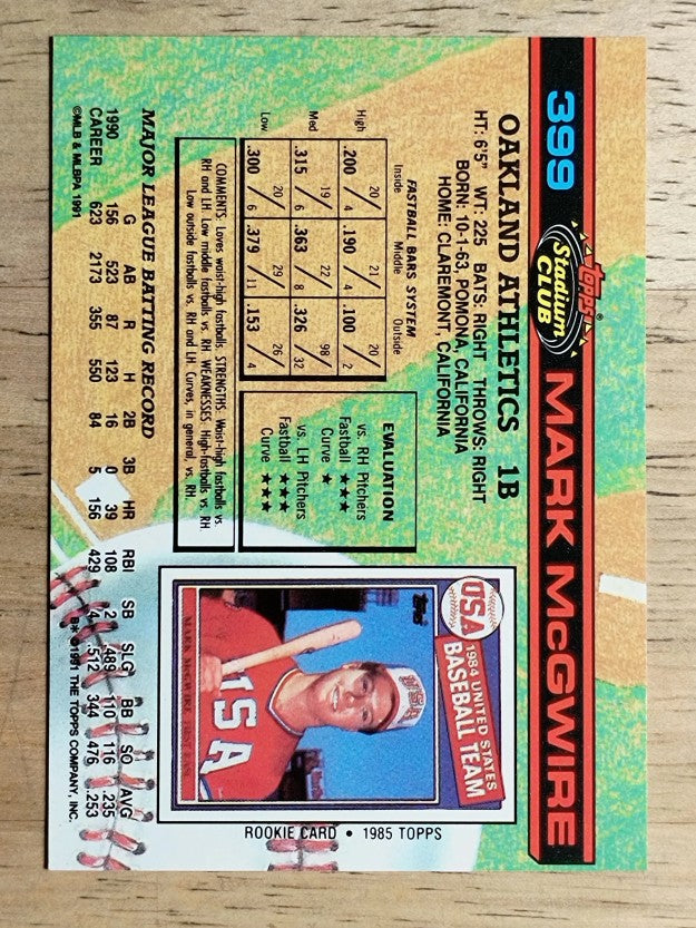 1991 Stadium Club #399 Mark McGwire
