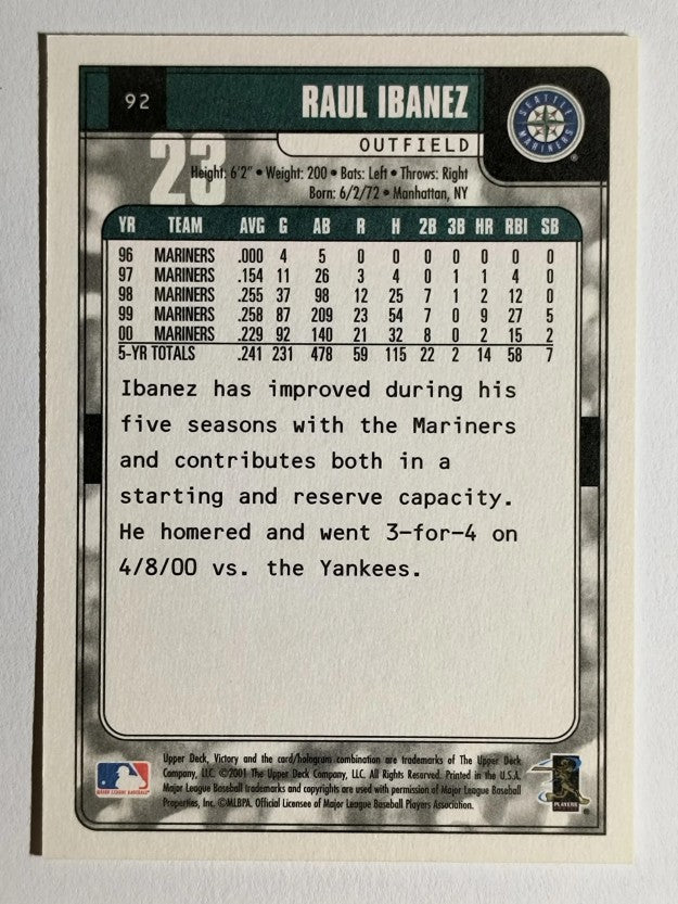 2001 Upper Deck Victory #92 Raul Ibanez