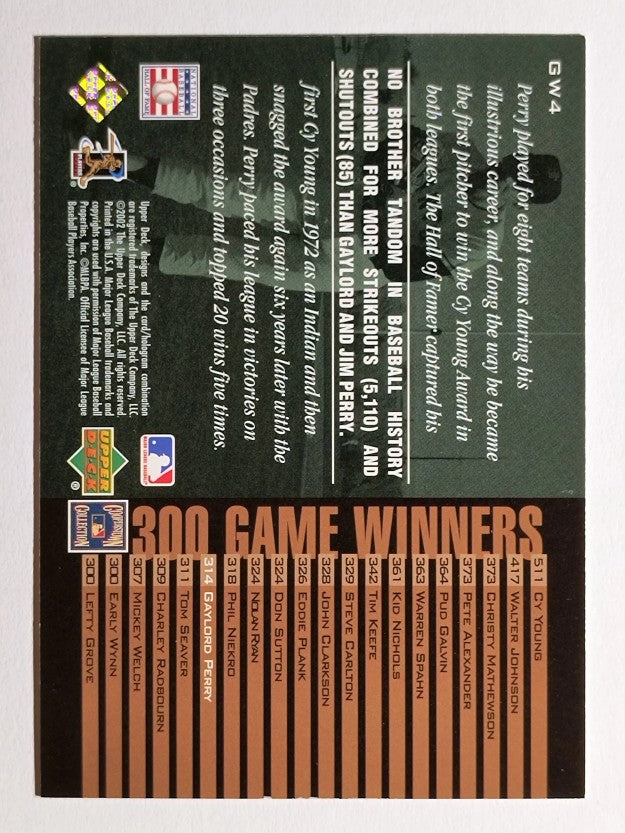 2002 UD Piece of History 300 Game Winners #GW4 Gaylord Perry