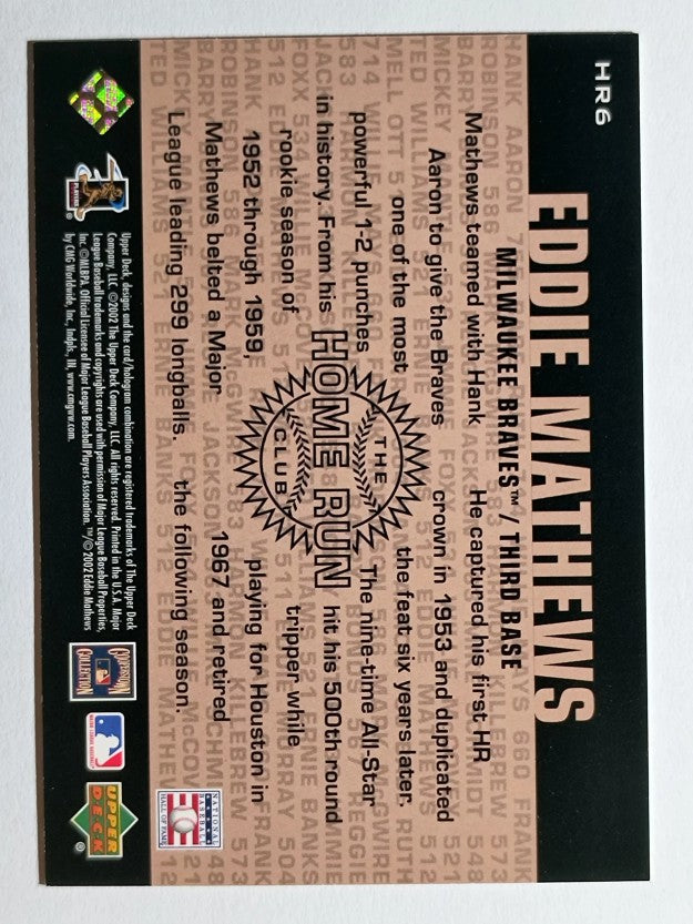 2002 UD Piece of History 500 Home Run Club #HR6 Eddie Mathews