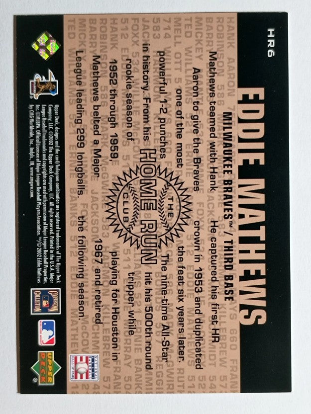 2002 UD Piece of History 500 Home Run Club #HR6 Eddie Mathews
