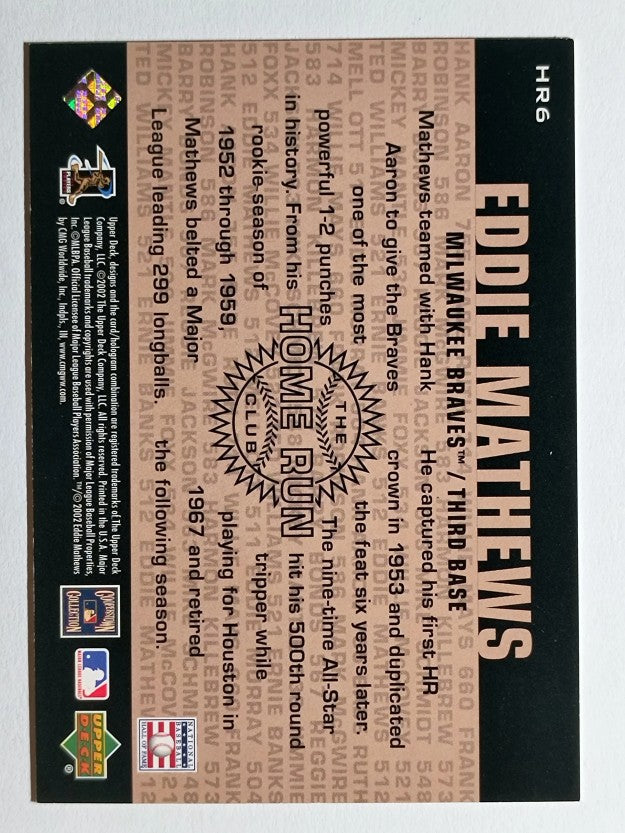 2002 UD Piece of History 500 Home Run Club #HR6 Eddie Mathews