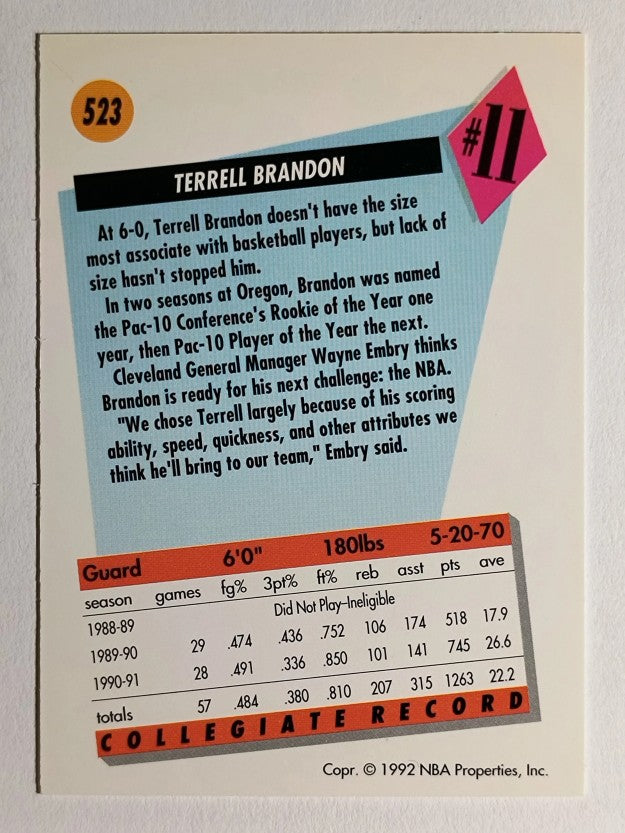1991-92 SkyBox #523 Terrell Brandon RC