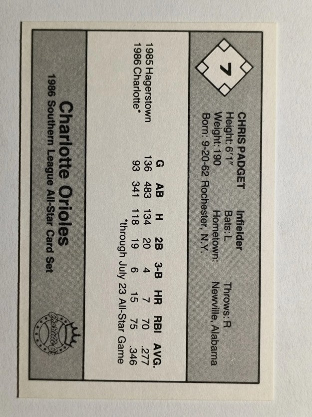 1986 Southern League All-Stars Jennings #7 Chris Padget