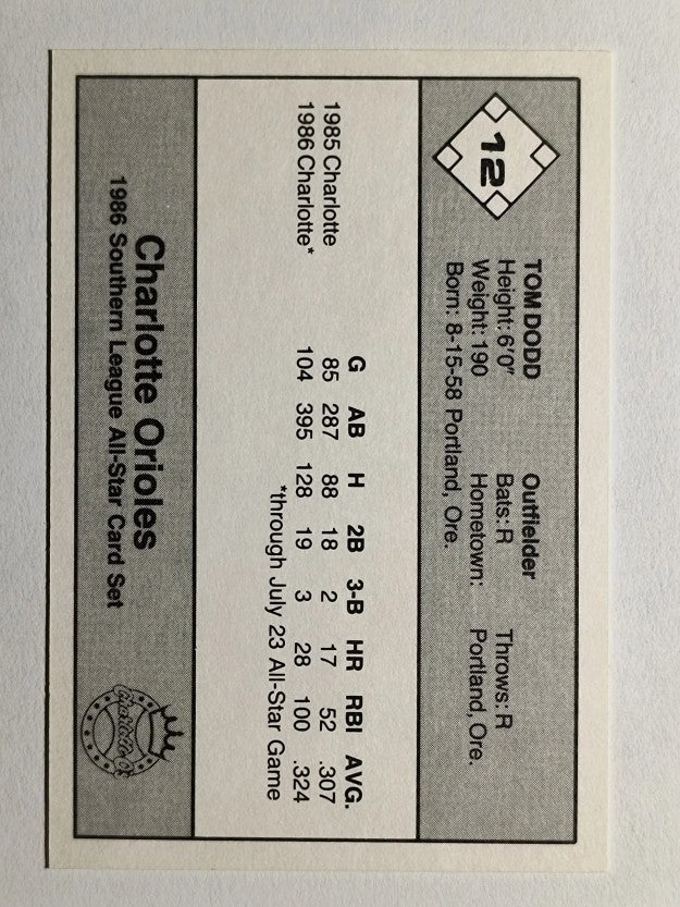 1986 Southern League All-Stars Jennings #12 Tom Dodd