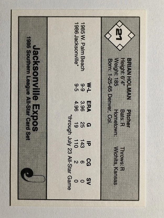 1986 Southern League All-Stars Jennings #21 Brian Holman