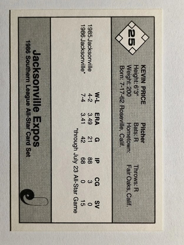 1986 Southern League All-Stars Jennings #25 Kevin Price