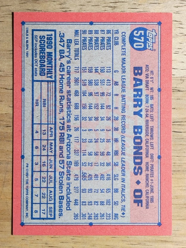 1991 Topps #570 Barry Bonds