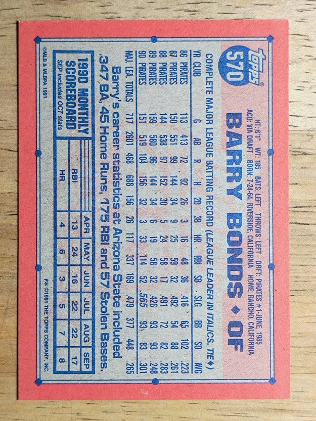 1991 Topps #570 Barry Bonds