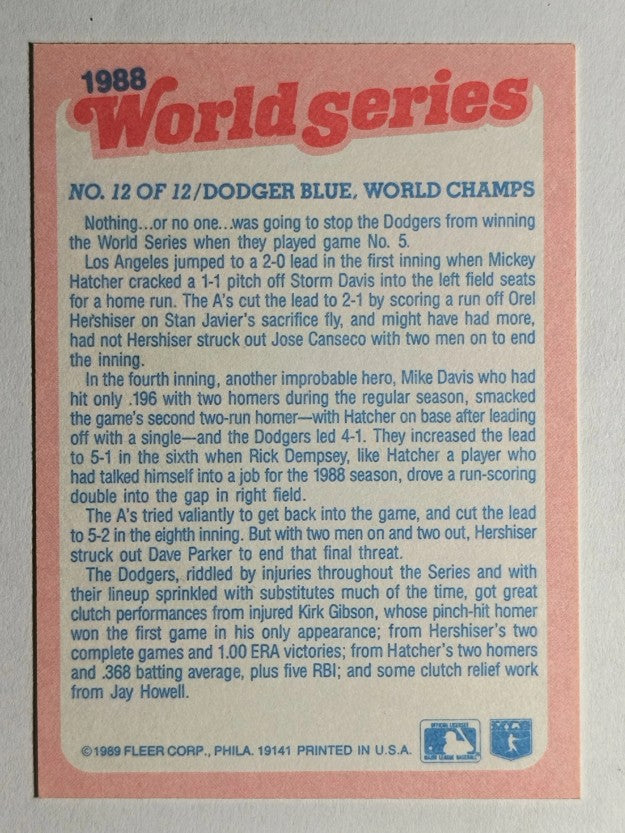 1989 Fleer World Series #12 Dodger Blue World Champs