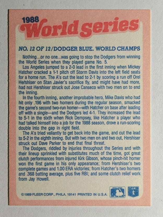 1989 Fleer World Series #12 Dodger Blue World Champs