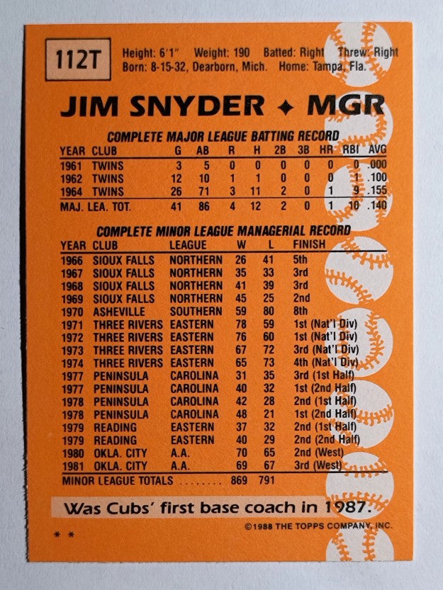 1988 Topps Traded #112T Jim Snyder MG