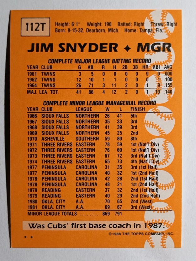 1988 Topps Traded #112T Jim Snyder MG