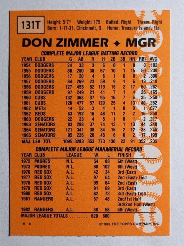 1988 Topps Traded #131T Don Zimmer MG