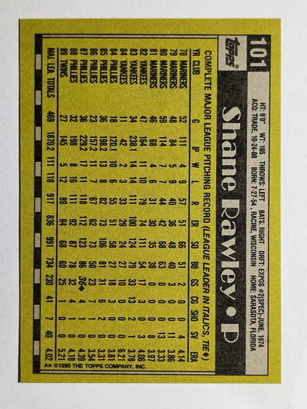 1990 Topps #101 Shane Rawley