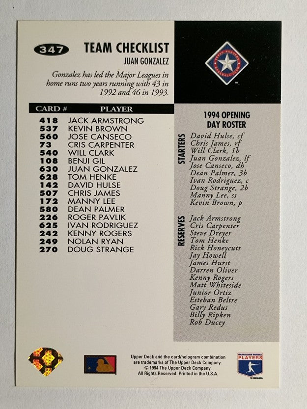 1994 Collector's Choice #347 Juan Gonzalez TC