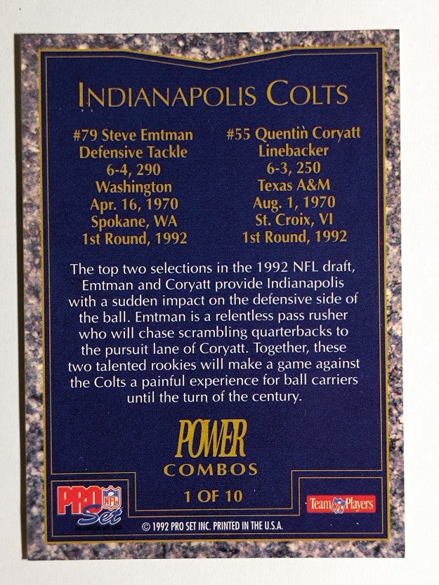 1992 Power Combos #1 Steve Emtman/Quentin Coryatt