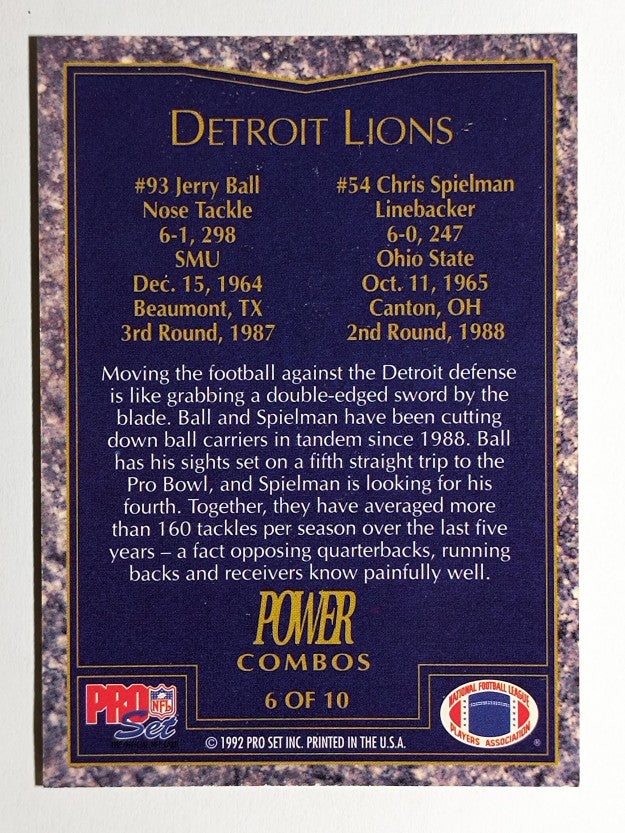 1992 Power Combos #6 Jerry Ball/Chris Spielman (NM)