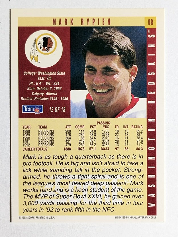 1993 Score Ore-Ida QB Club #12 Mark Rypien