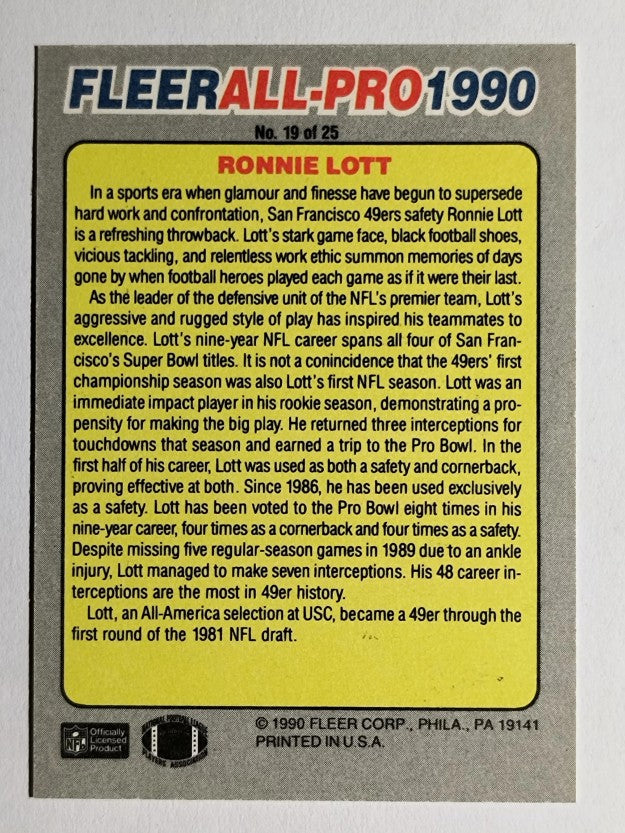 1990 Fleer All-Pros #19 Ronnie Lott