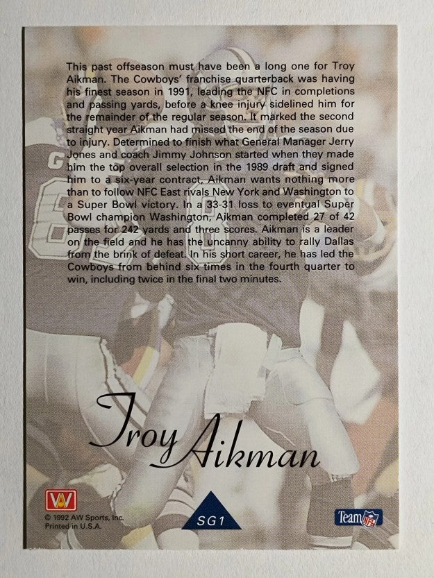 1992 All World Greats/Rookies #SG1 Troy Aikman (NM)