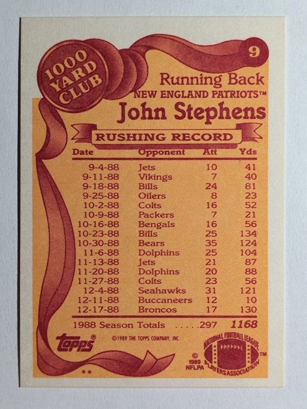 1989 Topps 1000 Yard Club #9 John Stephens