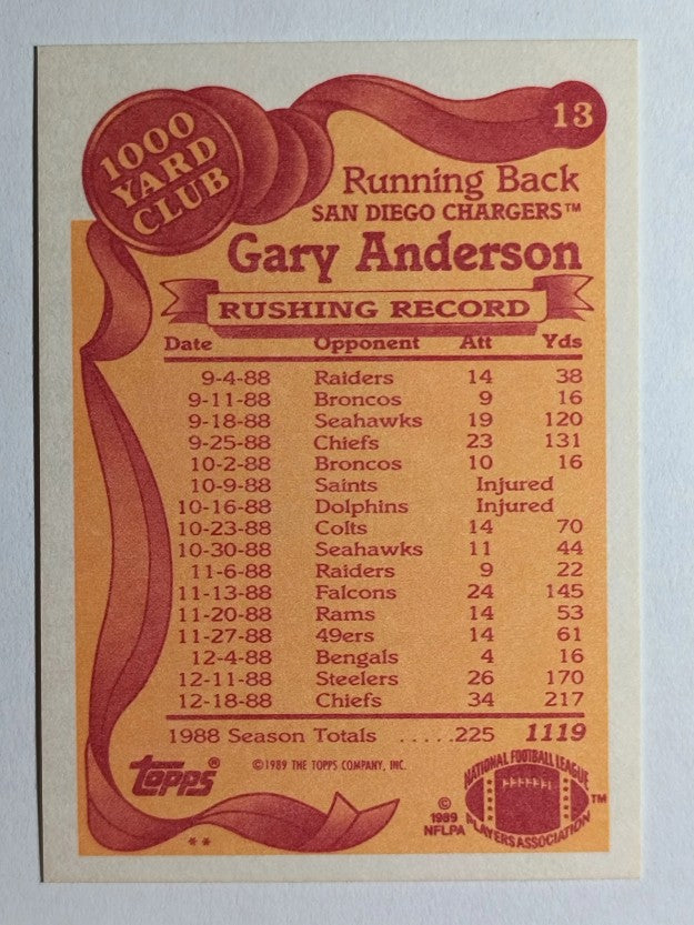 1989 Topps 1000 Yard Club #13 Gary Anderson RB
